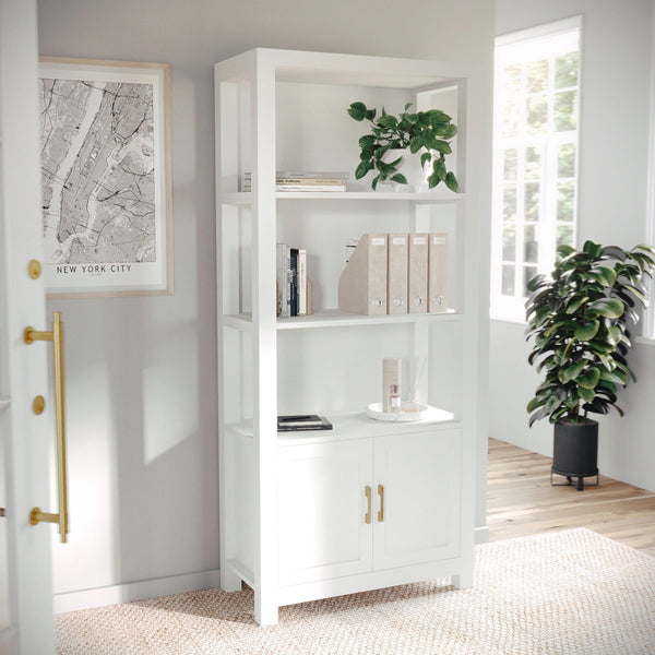 White Frame/Polished Brass Hardware |#| White 4 Tier Shaker Style Bookcase with Cabinet and Polished Brass Hardware