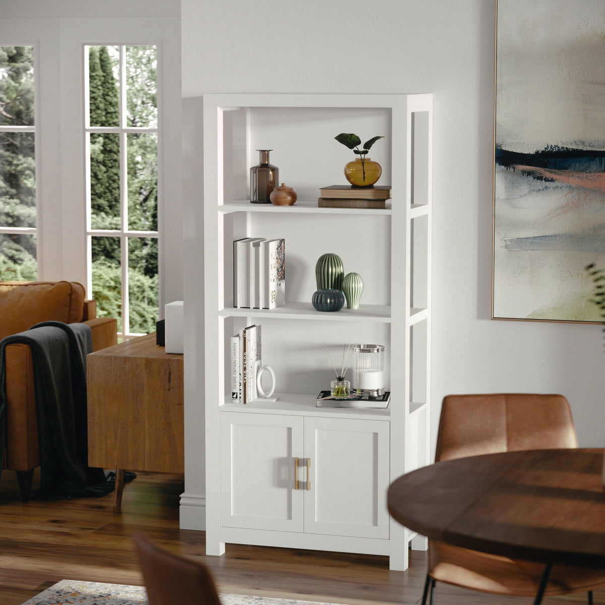 White Frame/Polished Brass Hardware |#| White 4 Tier Shaker Style Bookcase with Cabinet and Polished Brass Hardware