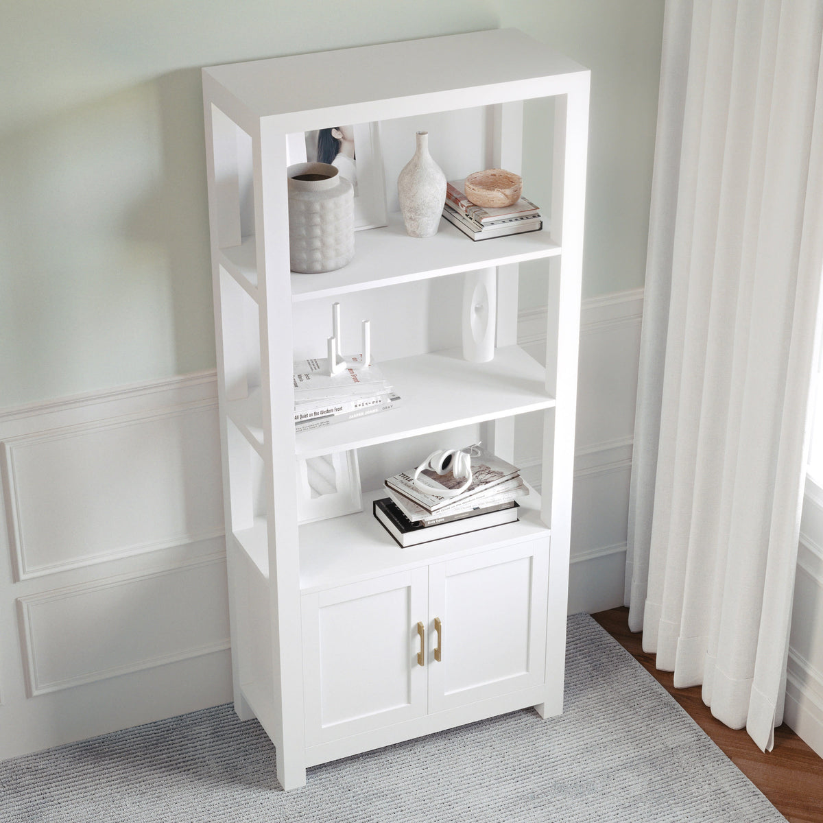 White Frame/Polished Brass Hardware |#| White 4 Tier Shaker Style Bookcase with Cabinet and Polished Brass Hardware