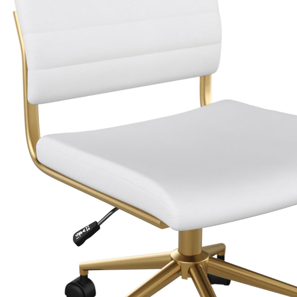 White Faux Leather/Polished Brass |#| Ribbed Faux Leather Armless Swivel Home Office Chair - White/Polished Brass