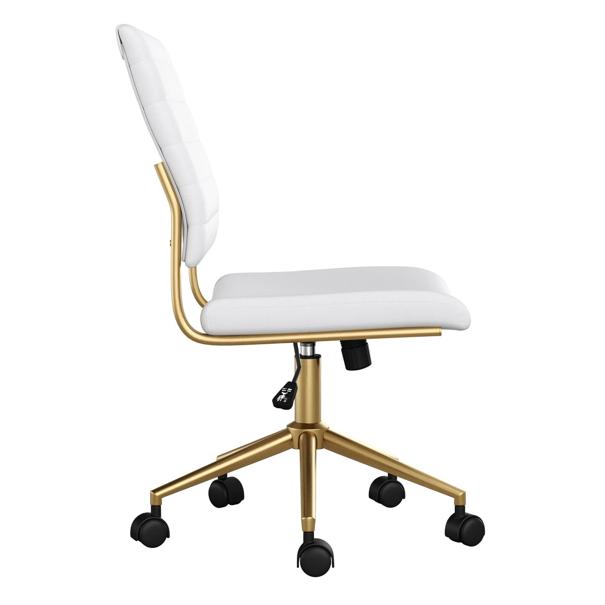 White Faux Leather/Polished Brass |#| Ribbed Faux Leather Armless Swivel Home Office Chair - White/Polished Brass