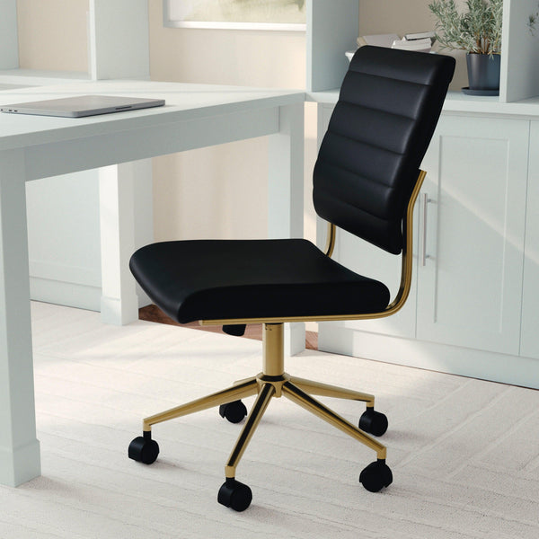 Black Faux Leather/Polished Brass |#| Ribbed Faux Leather Armless Swivel Home Office Chair - Black/Polished Brass