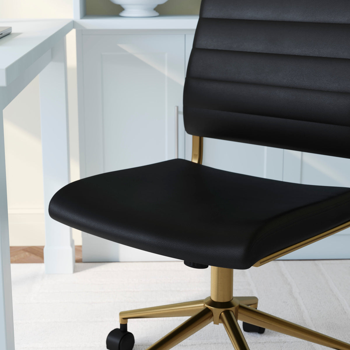 Black Faux Leather/Polished Brass |#| Ribbed Faux Leather Armless Swivel Home Office Chair - Black/Polished Brass