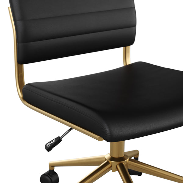 Black Faux Leather/Polished Brass |#| Ribbed Faux Leather Armless Swivel Home Office Chair - Black/Polished Brass