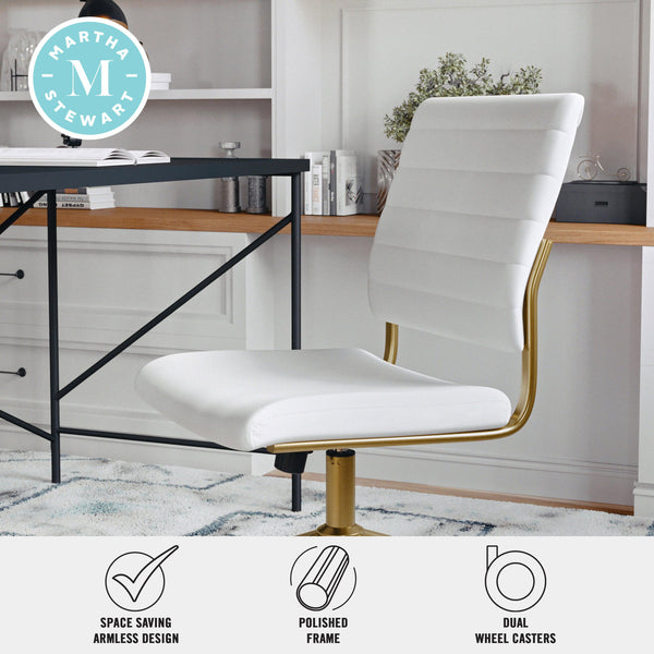 White Faux Leather/Polished Brass |#| Ribbed Faux Leather Armless Swivel Home Office Chair - White/Polished Brass