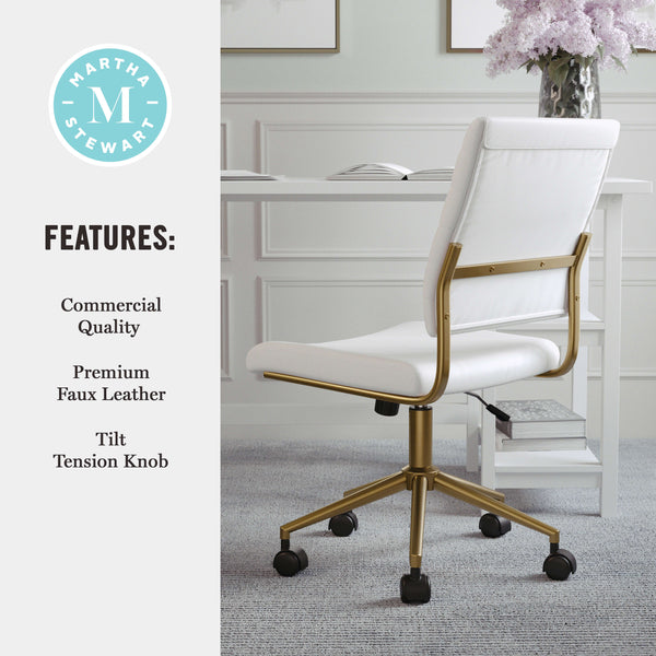 White Faux Leather/Polished Brass |#| Ribbed Faux Leather Armless Swivel Home Office Chair - White/Polished Brass