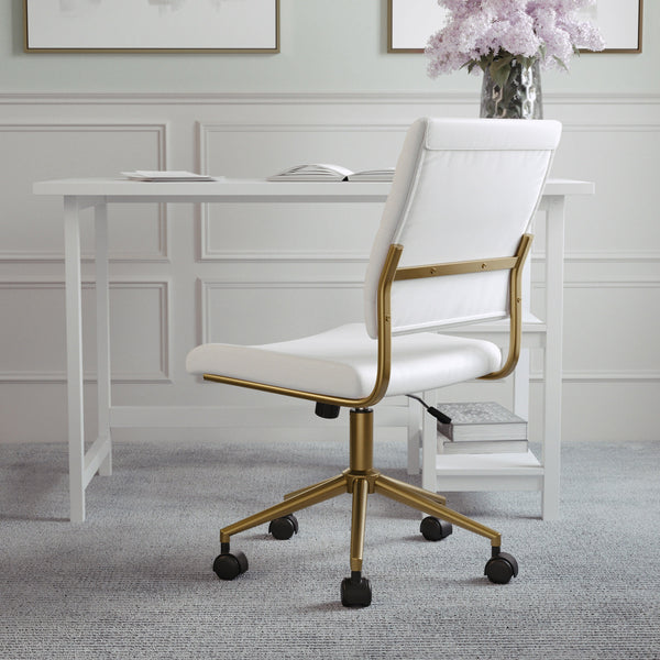 White Faux Leather/Polished Brass |#| Ribbed Faux Leather Armless Swivel Home Office Chair - White/Polished Brass