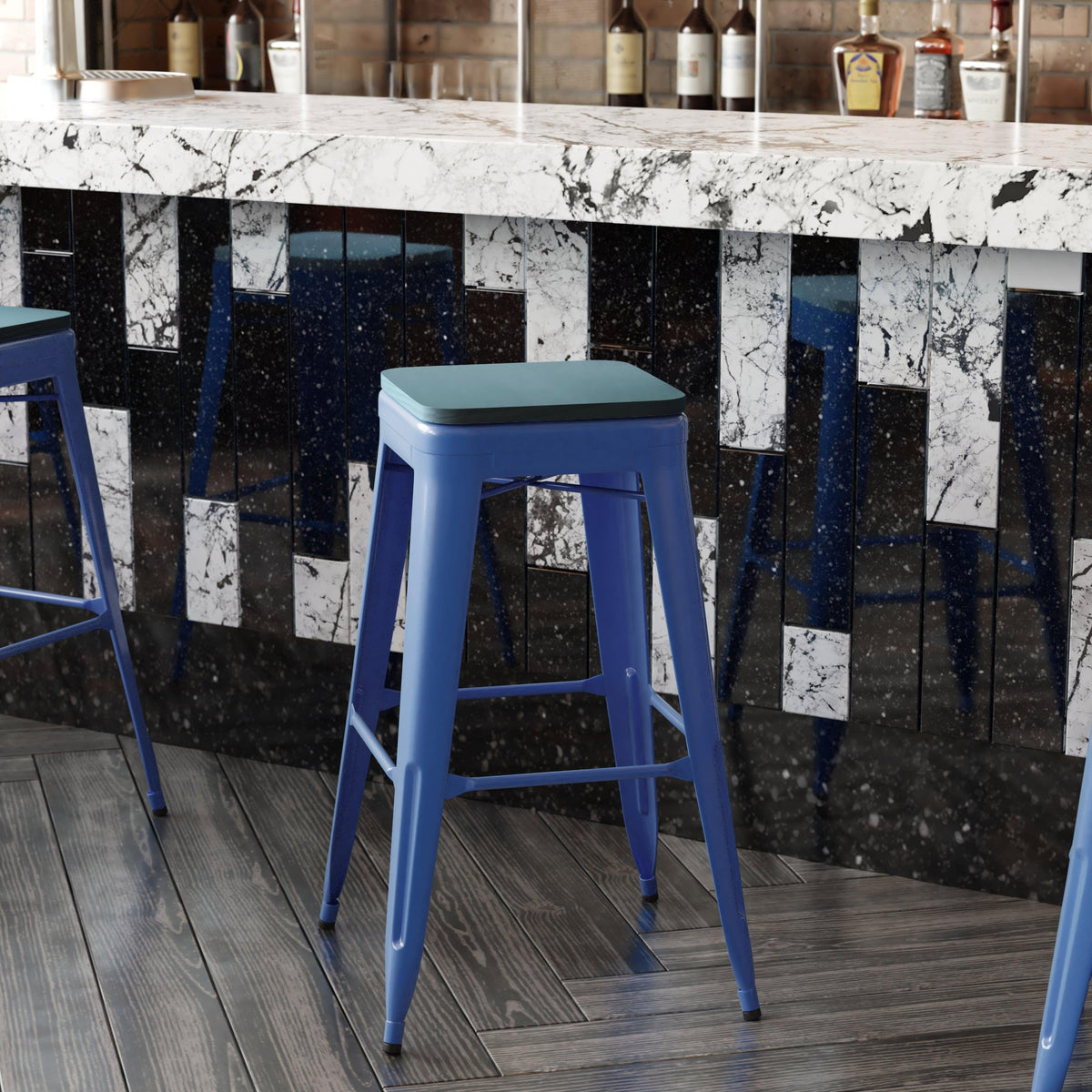 Blue/Teal-Blue |#| Indoor/Outdoor Backless Bar Stool with Poly Seat - Blue/Teal-Blue