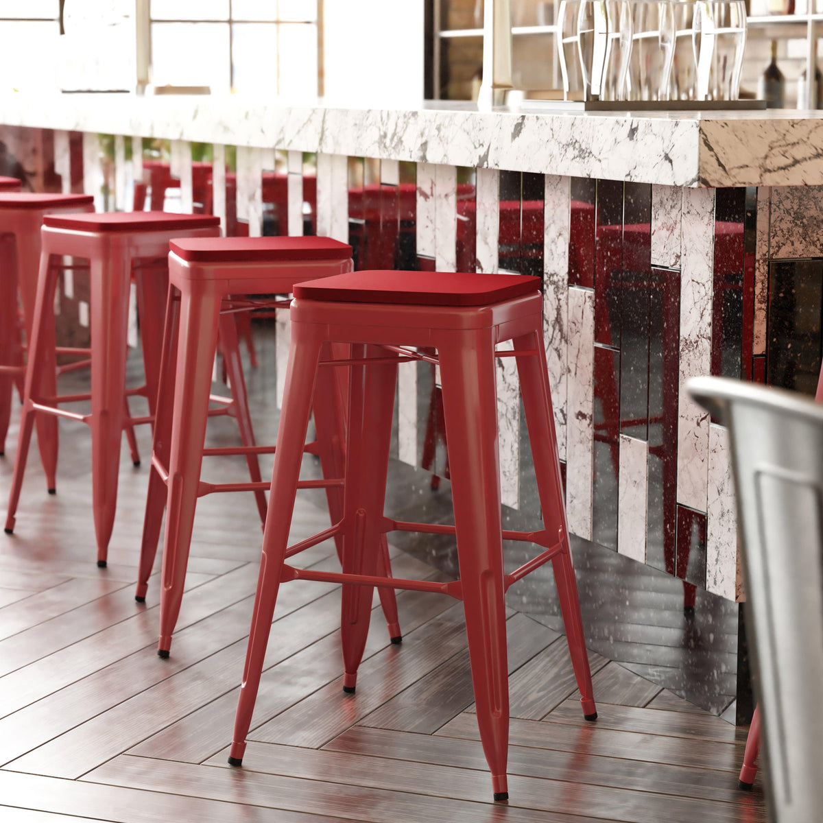 Red/Red |#| Indoor/Outdoor Backless Bar Stool with Poly Seat - Red/Red