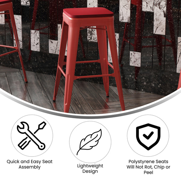 Red/Red |#| Indoor/Outdoor Backless Bar Stool with Poly Seat - Red/Red