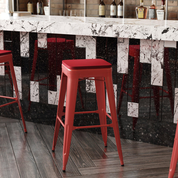 Red/Red |#| Indoor/Outdoor Backless Bar Stool with Poly Seat - Red/Red