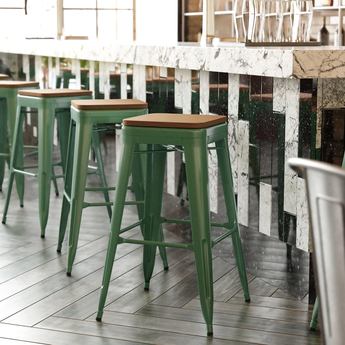 Green/Teak |#| Indoor/Outdoor Backless Bar Stool with Poly Seat - Green/Teak