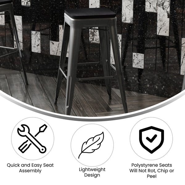 Black/Black |#| Indoor/Outdoor Backless Bar Stool with Poly Seat - Black/Black