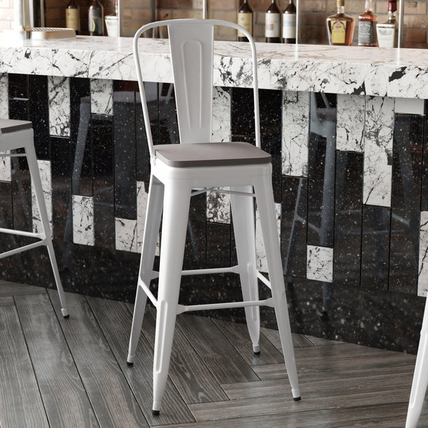 White/Gray |#| All-Weather Commercial Bar Stool with Removable Back/Poly Seat-White/Gray