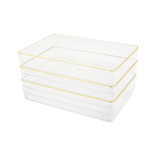 Set of 3 Plastic Stacking Desk Drawer Organizers with Gold Trim - 9 x 6