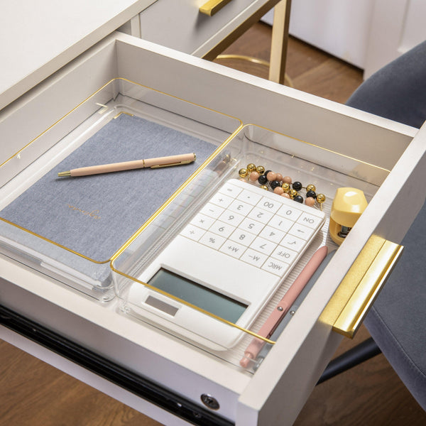 Set of 3 Plastic Stacking Desk Drawer Organizers with Gold Trim - 9 x 6