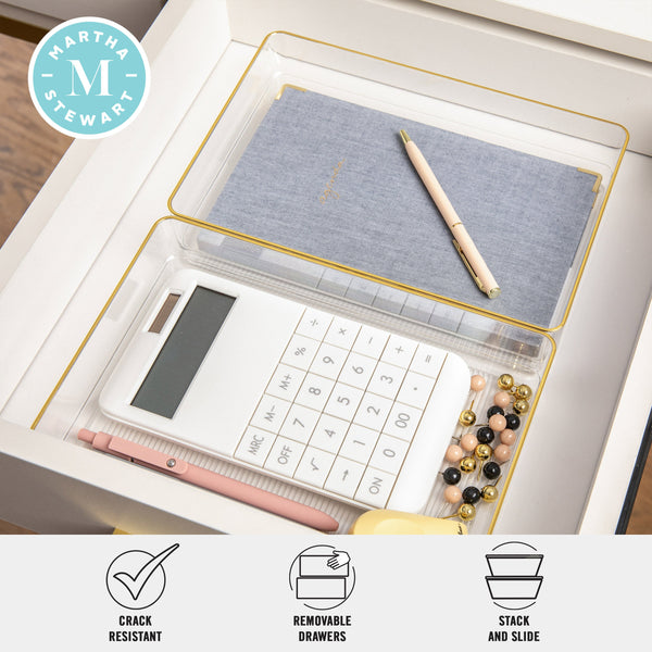 Set of 3 Plastic Stacking Desk Drawer Organizers with Gold Trim - 9 x 6