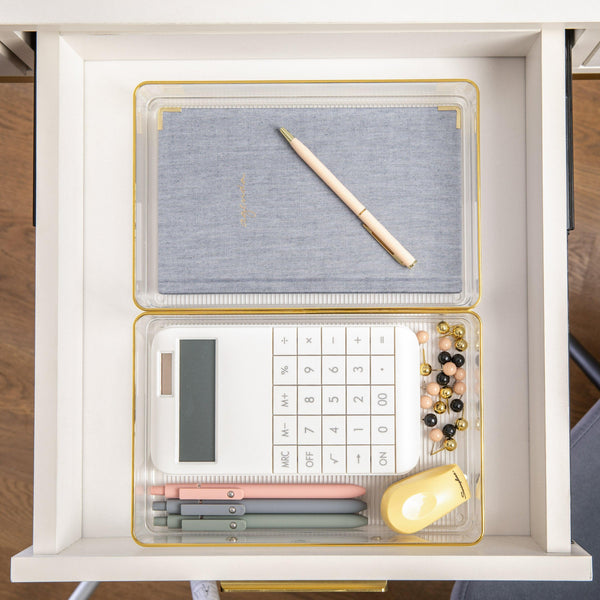 Set of 3 Plastic Stacking Desk Drawer Organizers with Gold Trim - 9 x 6