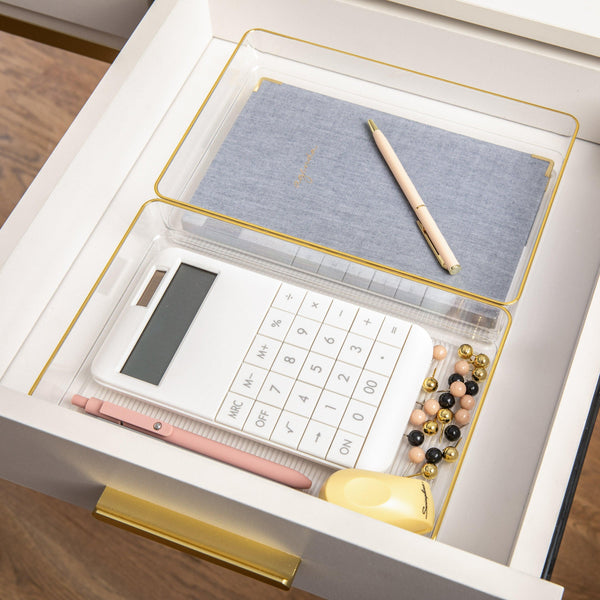 Set of 3 Plastic Stacking Desk Drawer Organizers with Gold Trim - 9 x 6
