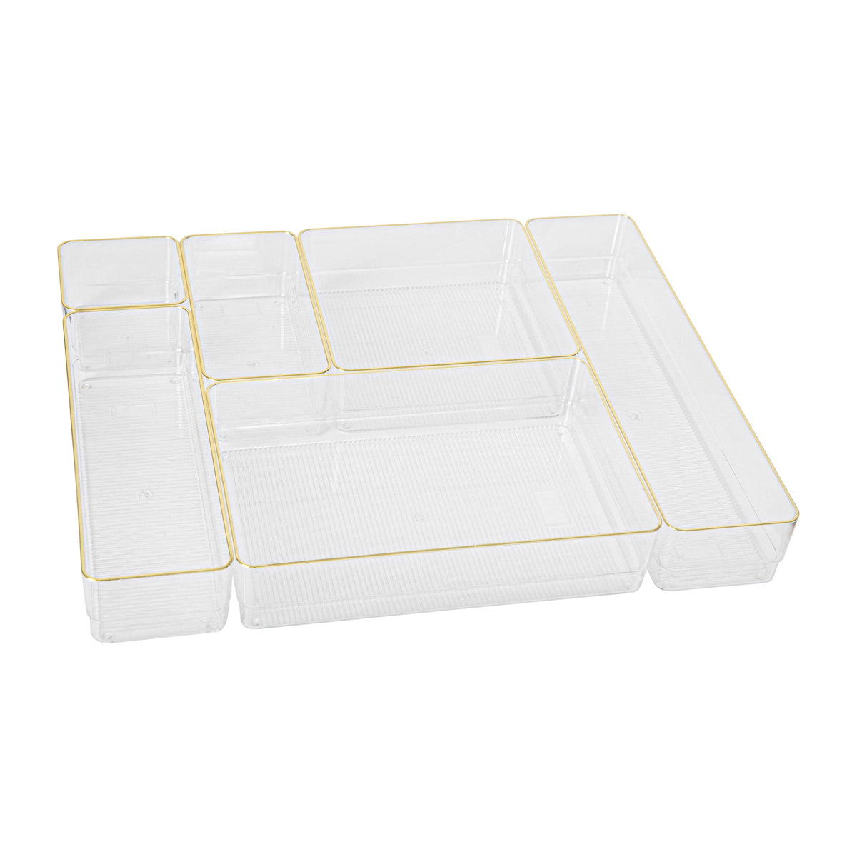 Set of 6 Plastic Stacking Office Desk Drawer Organizers with Gold Trim