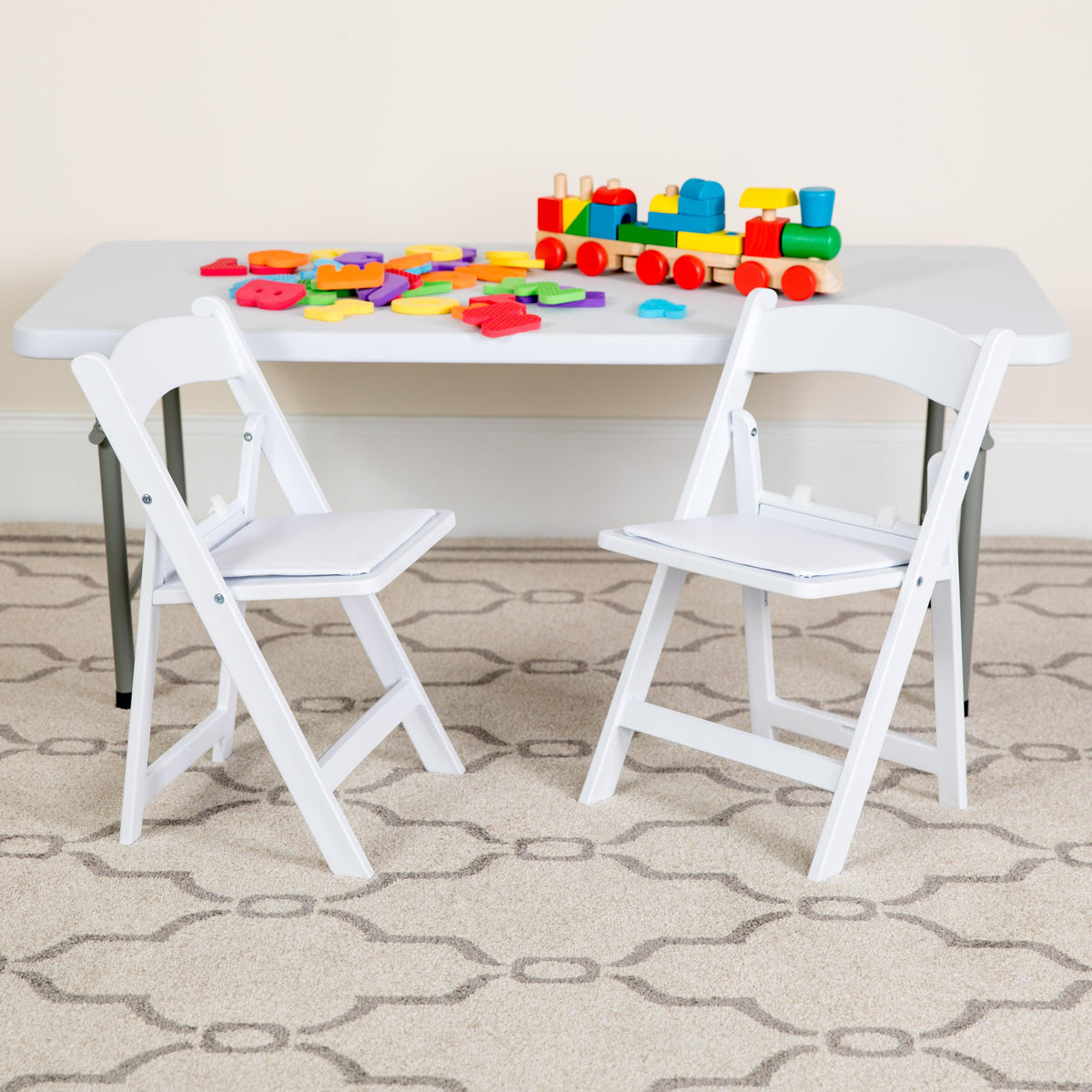 Kids White Resin Folding Chair with White Vinyl Padded Seat