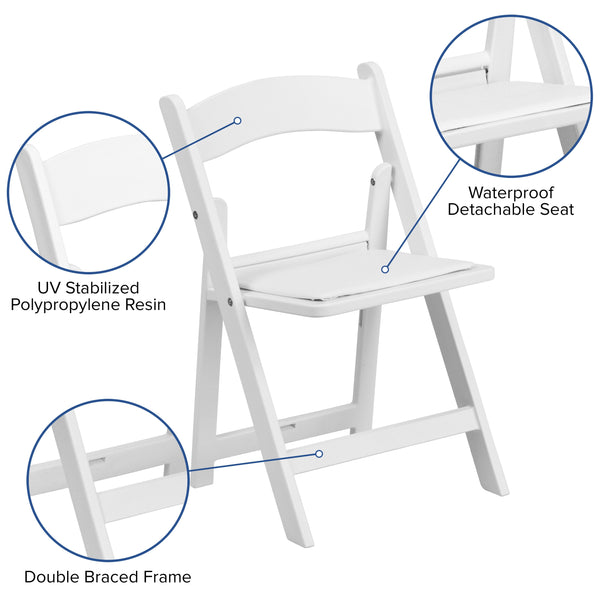 Kids White Resin Folding Chair with White Vinyl Padded Seat