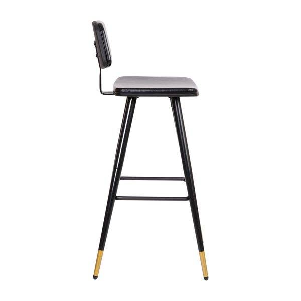 Black |#| Set of 2 Black LeatherSoft Barstools with Black Iron Frame and Gold Tipped Legs