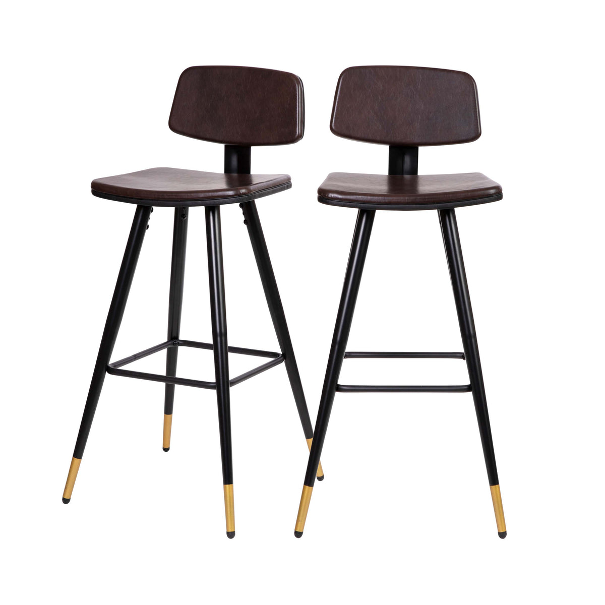 Brown |#| Set of 2 Brown LeatherSoft Barstools with Black Iron Frame and Gold Tipped Legs