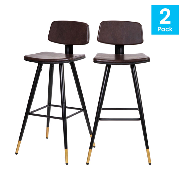 Brown |#| Set of 2 Brown LeatherSoft Barstools with Black Iron Frame and Gold Tipped Legs