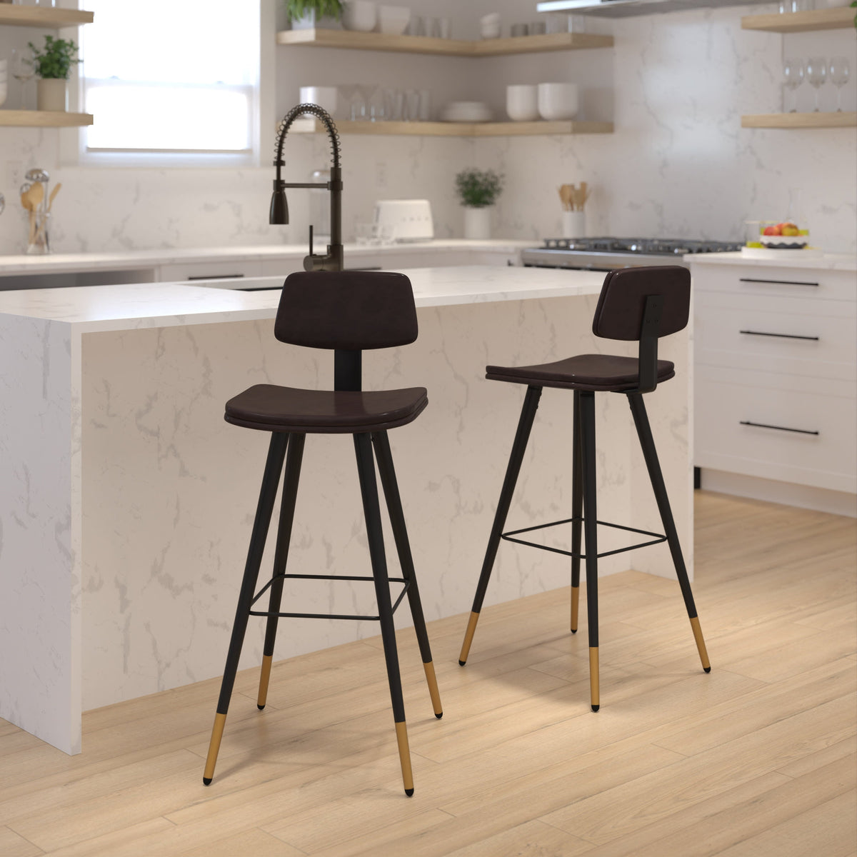 Brown |#| Set of 2 Brown LeatherSoft Barstools with Black Iron Frame and Gold Tipped Legs