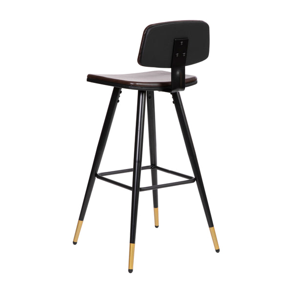 Brown |#| Set of 2 Brown LeatherSoft Barstools with Black Iron Frame and Gold Tipped Legs