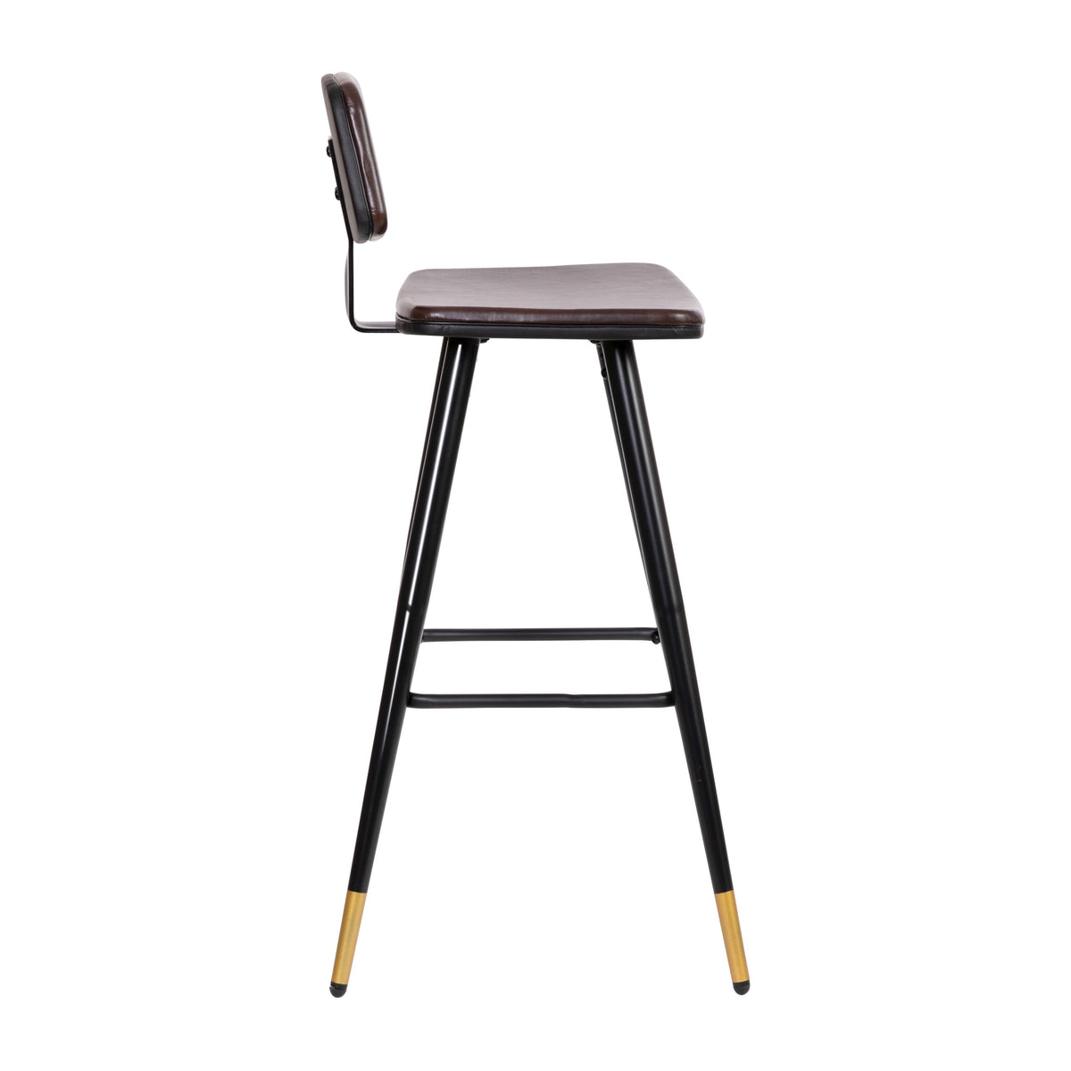 Brown |#| Set of 2 Brown LeatherSoft Barstools with Black Iron Frame and Gold Tipped Legs