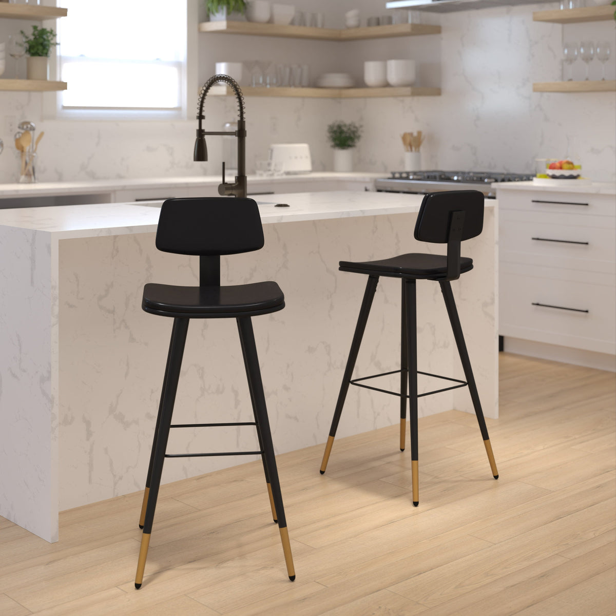 Black |#| Set of 2 Black LeatherSoft Barstools with Black Iron Frame and Gold Tipped Legs