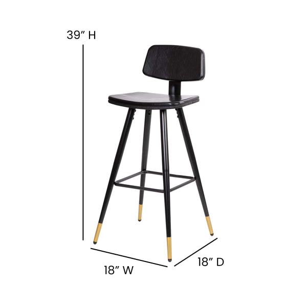 Black |#| Set of 2 Black LeatherSoft Barstools with Black Iron Frame and Gold Tipped Legs