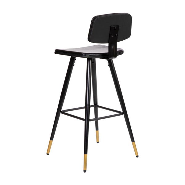 Black |#| Set of 2 Black LeatherSoft Barstools with Black Iron Frame and Gold Tipped Legs