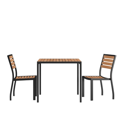 Lark 3 Piece Patio Table Set - Synthetic Teak Poly Slats - Lark 3Lark 5" Square Steel Framed Table with 2 Stackable Faux Teak Chairs - View 1
