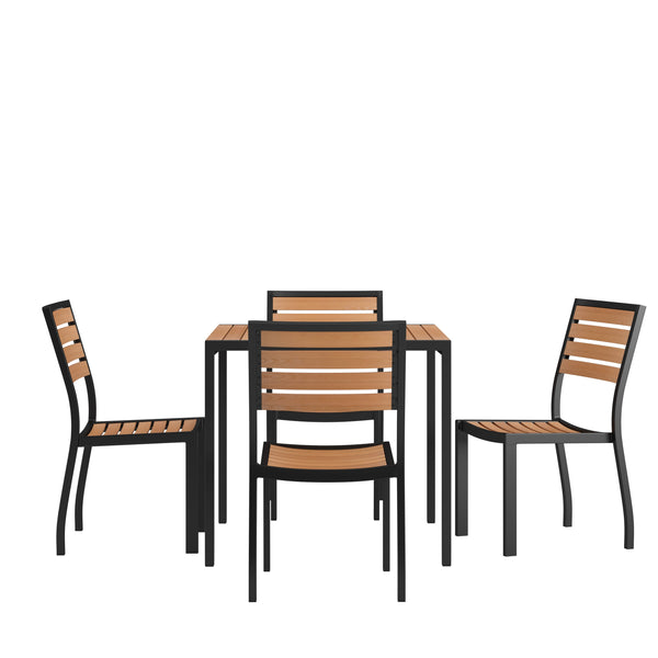 Black Indoor/Outdoor 35inch Square Faux Teak Table with 4 Club Chairs with Arms