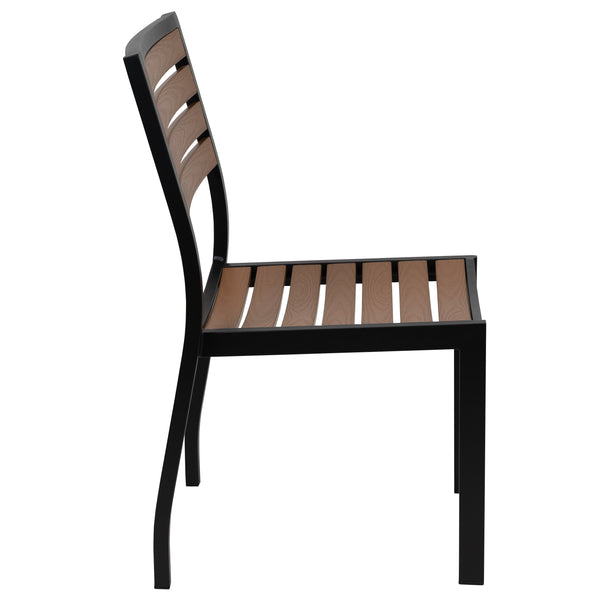 Black Indoor/Outdoor 35inch Square Faux Teak Table with 4 Club Chairs with Arms