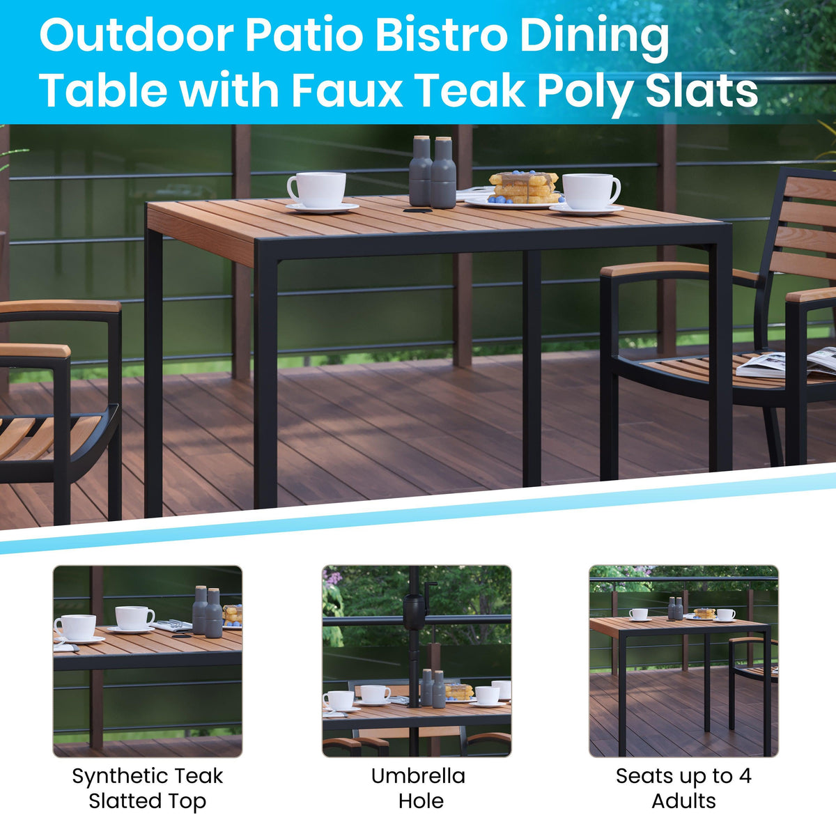 Black Indoor/Outdoor 35inch Square Faux Teak Table with 4 Club Chairs with Arms