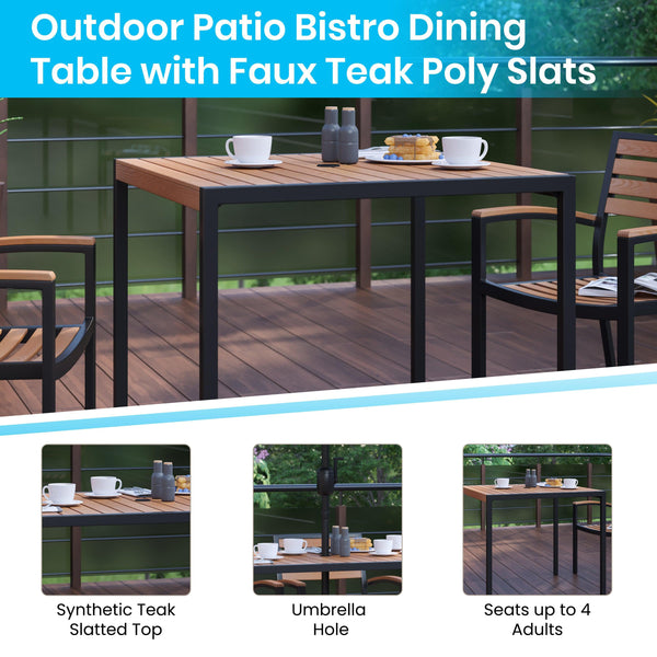 Black Indoor/Outdoor 35inch Square Faux Teak Table with 4 Club Chairs with Arms
