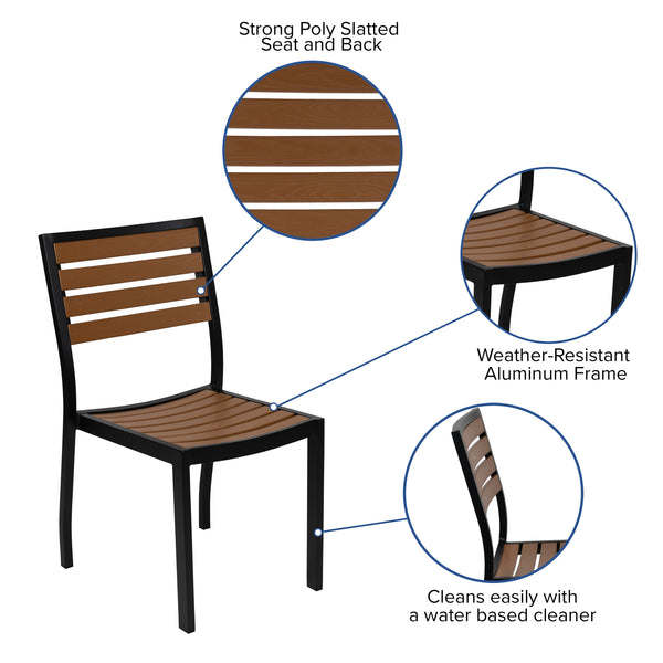 Black Indoor/Outdoor 35inch Square Faux Teak Table with 4 Club Chairs with Arms