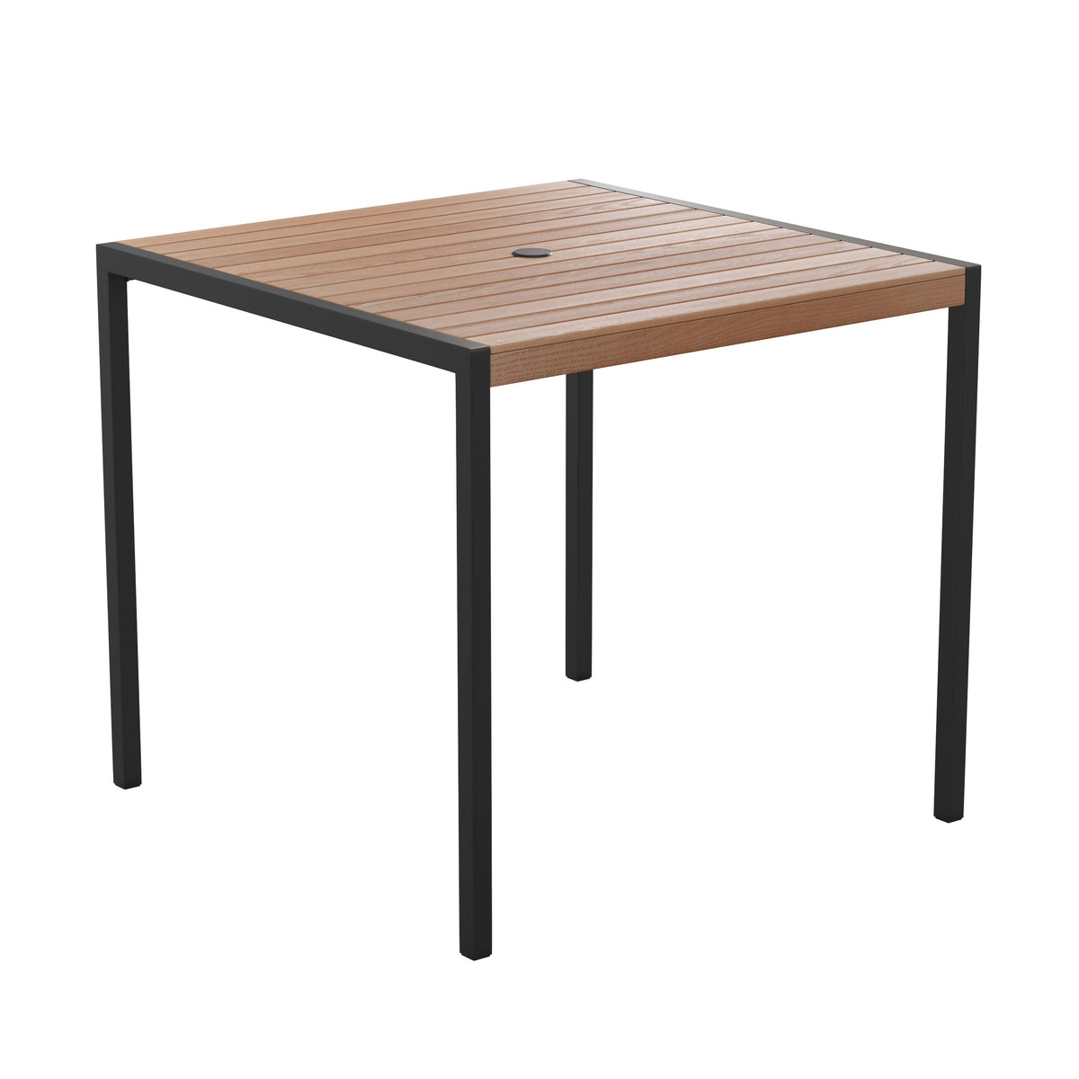 Black Indoor/Outdoor 35inch Square Faux Teak Table with 4 Club Chairs with Arms