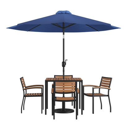Lark 7 Piece Outdoor Patio Table Set with 4 Synthetic Teak Stackable Chairs, Lark 3Lark 5" Square Table & Umbrella with Base - View 1