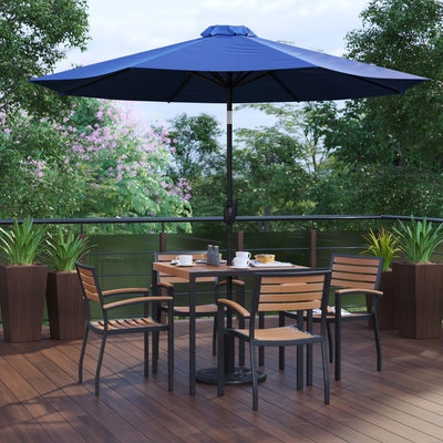 Lark 7 Piece Outdoor Patio Table Set with 4 Synthetic Teak Stackable Chairs, Lark 3Lark 5" Square Table & Umbrella with Base - View 2