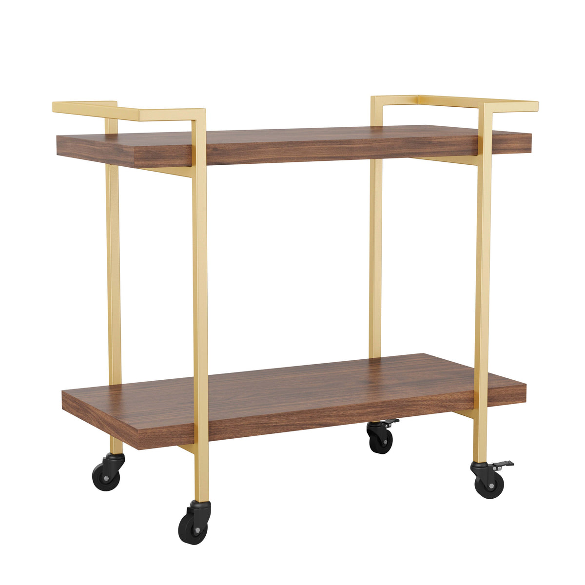 Walnut/Polished Brass Frame |#| Mobile 2 Tier Home Office Printer Cart with Side Storage-Walnut/Polished Brass