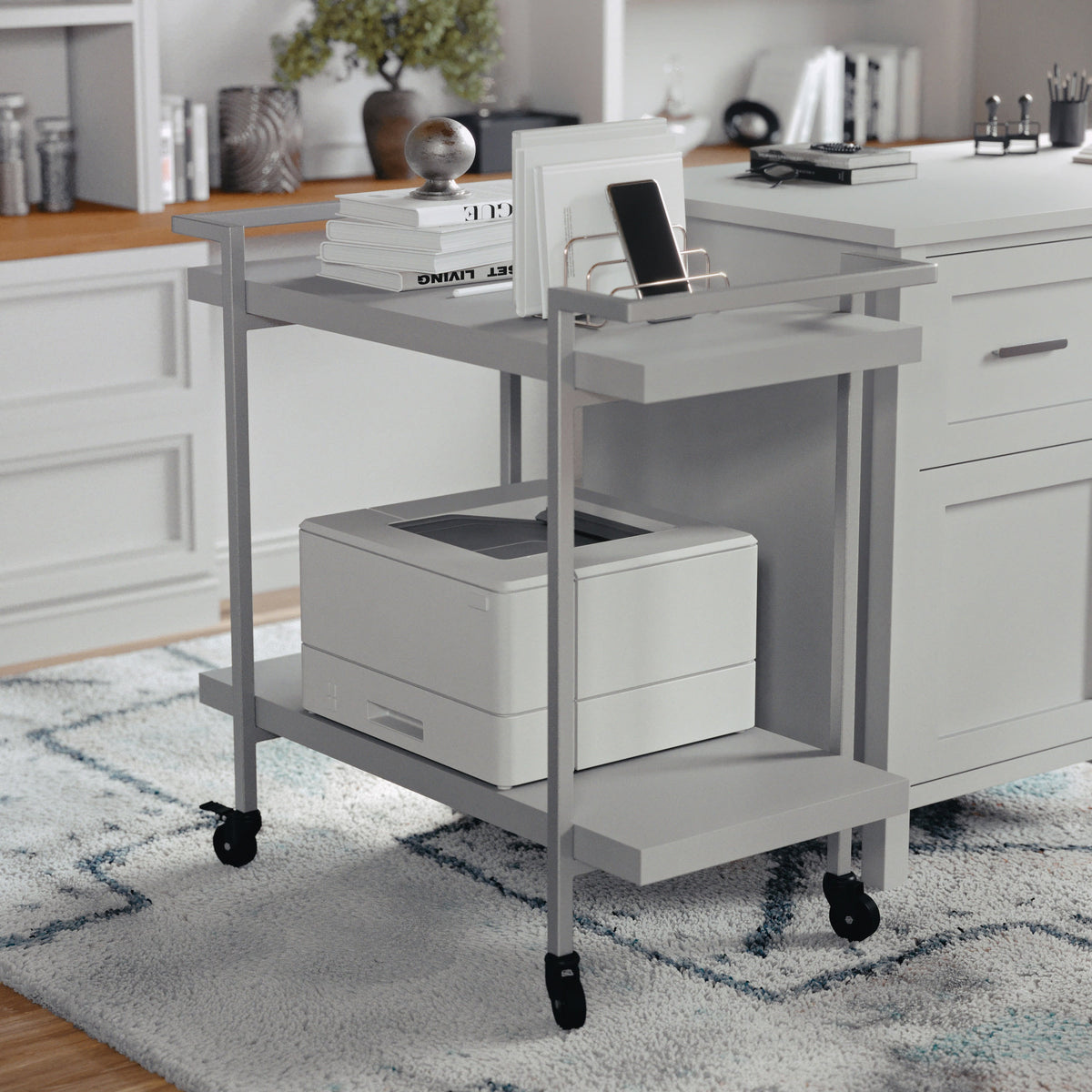 Gray/Brushed Nickel Frame |#| Mobile 2 Tier Home Office Printer Cart with Side Storage-Gray/Brushed Nickel