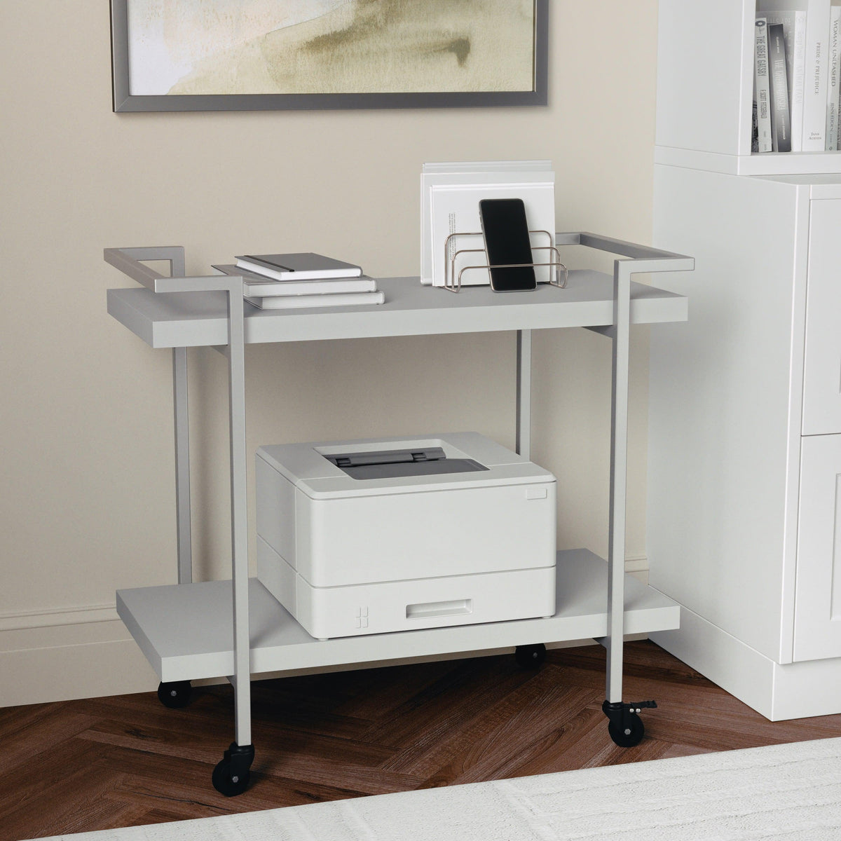 Gray/Brushed Nickel Frame |#| Mobile 2 Tier Home Office Printer Cart with Side Storage-Gray/Brushed Nickel