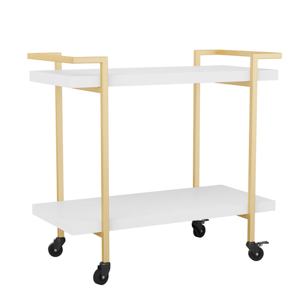 White/Polished Brass Frame |#| Mobile 2 Tier Home Office Printer Cart with Side Storage-White/Polished Brass