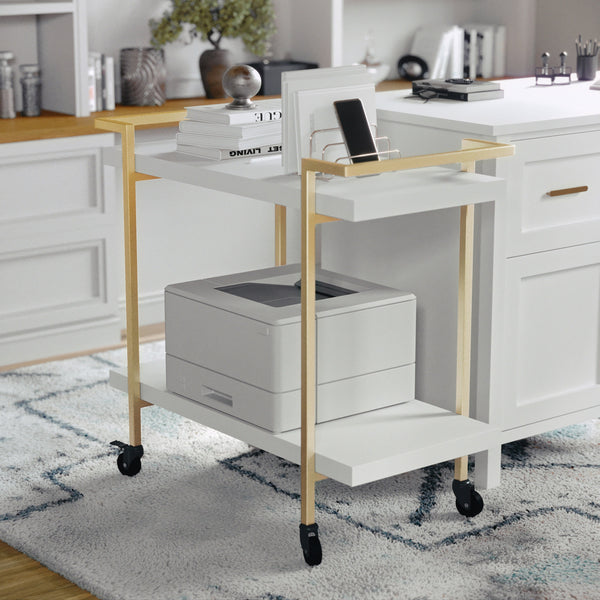 White/Polished Brass Frame |#| Mobile 2 Tier Home Office Printer Cart with Side Storage-White/Polished Brass