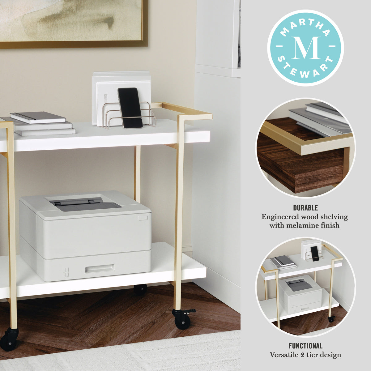 White/Polished Brass Frame |#| Mobile 2 Tier Home Office Printer Cart with Side Storage-White/Polished Brass